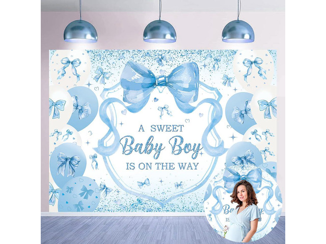 Blue Bow Baby Shower Backdrop for Boys 7x5FT A Sweet Baby Boy is On His Way Banner Background Welcome Baby Boy Baby Shower Party Decorations...