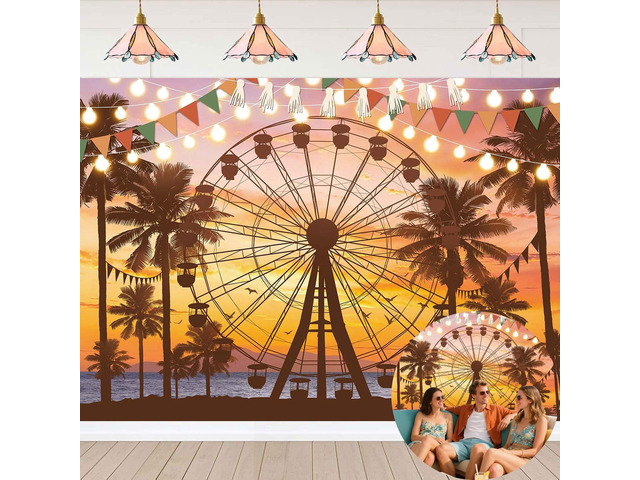Summer Seaside Ferris Wheel Backdrop 7x5FT Tropical Palm Tree Sparkling Lights Sunset Photography Background Musical Festival Holidays Party...