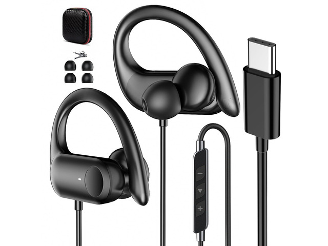 USB C Headphones Wired Over Ear Earbuds for iPhone 17 16 Pro Max 15 Type C Running Sport Headphones Wired Earphone with Ear Hooks Loop Mirophone...