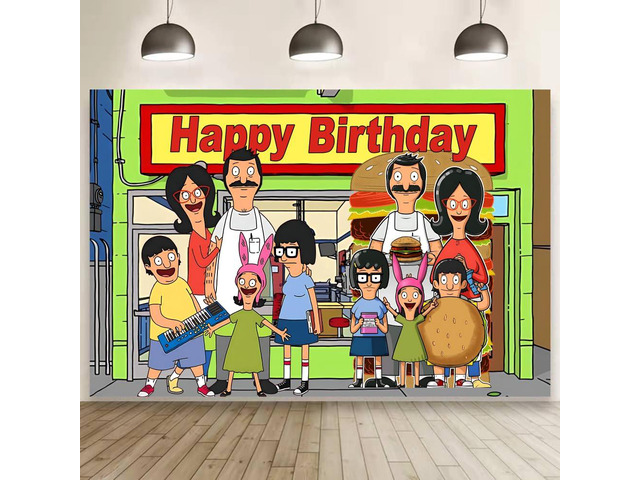 Background Bob Family Burgers Birthday Decorations, Bob Family Burgers Happy Birthday Banner Backdrop for Birthday Party Supplies (5x3ft)
