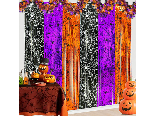 Halloween Fringe Curtains Backdrop Spiderweb Foil Tinsel Streamers Orange Purple Black Spider Web Photo Booth Prop Backdrop Decor for Halloween...