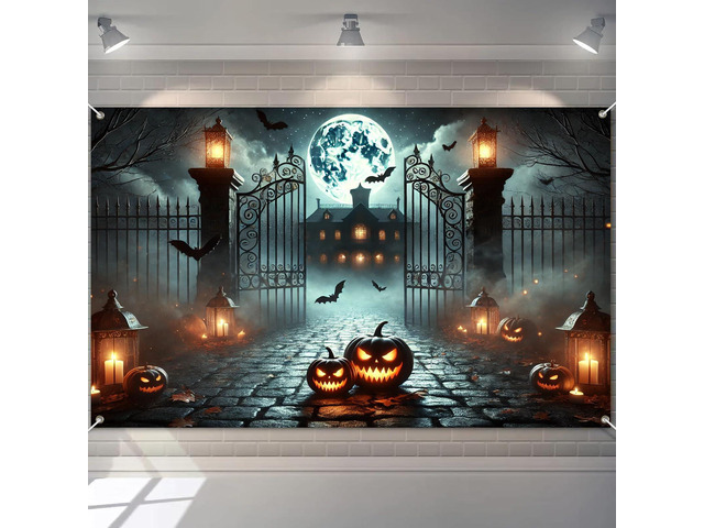 Halloween Graveyard Banner 71x43 in Spooky Party Decor Halloween Backdrop, Spooky Banner for Haunted House, Porch and Photo Booth, Pumpkin...