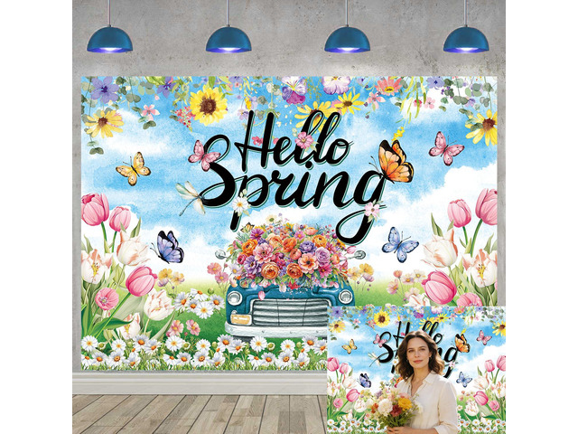 Hello Spring Backdrop Colorful Floral Tulips Truck Photography Background for Easter Holiday Spring Party Decorations Banner Photo Props (8X6FT(94...