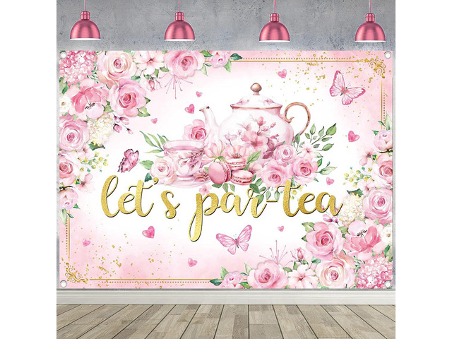 Let's Partea Backdrop Tea Party Photography Background Pink Afternoon Tea Girls Women Party Decoration Banner Photo Supplies (8x6FT(94 x 70 inch))