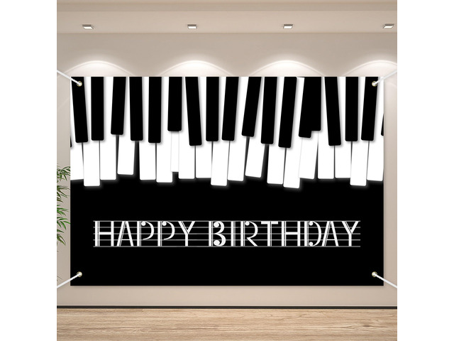 Piano Happy Birthday Banner Backdrop Black White Music Piano Keyboard Theme Background Decor for Adults Kids Musicians Music Birthday Party Favors...