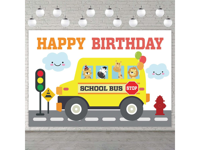 Yellow School Bus Happy Birthday Banner Backdrop Background Photo Booth Props Back to School Wheels on the Bus Theme Decor for First Day of School...