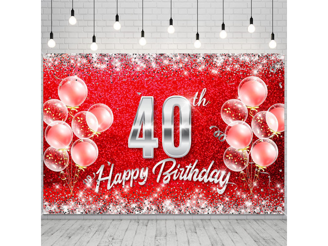 Red and Silver Happy 40th Birthday Backdrop Banner Decorations for Women Men 40 Years Old Bday Background Photography Party Decor Sign Supplies