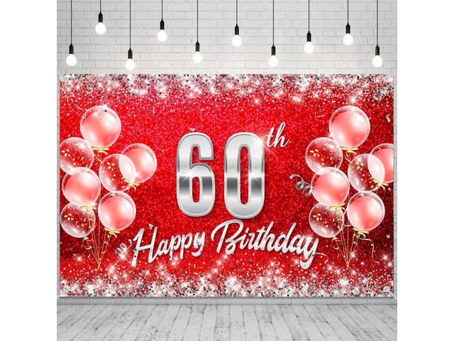 Red and Silver Happy 60th Birthday Backdrop Banner Decorations for Women Men 60 Years Old Bday Background Photography Party Decor Sign Supplies