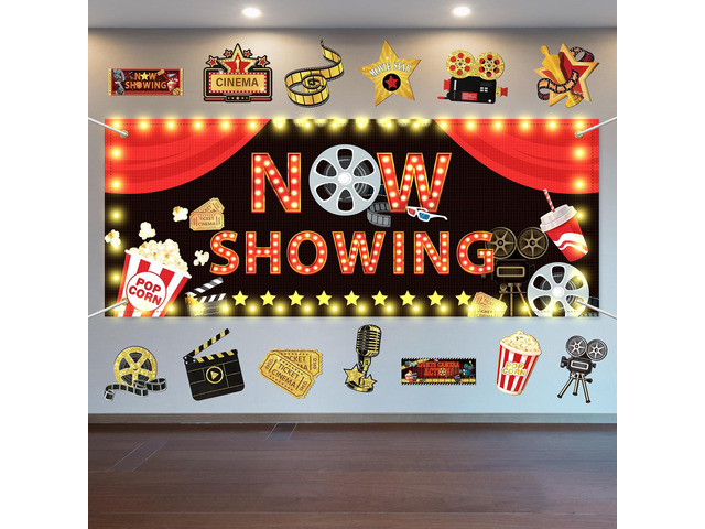 15 Pcs Light Movie Party Decorations Movie Theme Backdrop Movie Banner Now Showing Banner with Movie Night Paper Cutouts Red Carpet Photography...