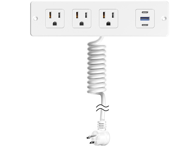 Recessed Furniture Drawer Outlet with 3 Fast-Charging USB Ports & 3 AC Outlets 5 FT Spring Cord- White