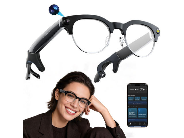 AI Smart Camera Glasses, 8MP 1080P HD Video Recording, Stylish Half-Frame Oval Design, Open-Ear Bluetooth Audio, AI Assistant & Translation, Black