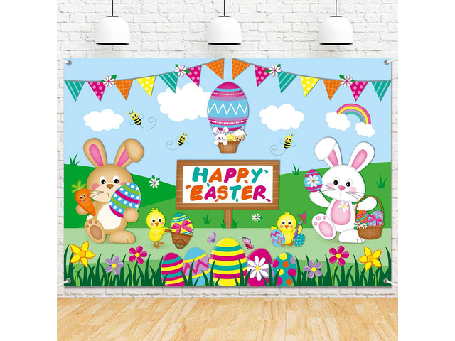 8x6ft Happy Easter Backdrop Banner Colorful Eggs Bunny Birthday Photography Background for Kids Spring Easter Party Decorations Large Fabric Photo...