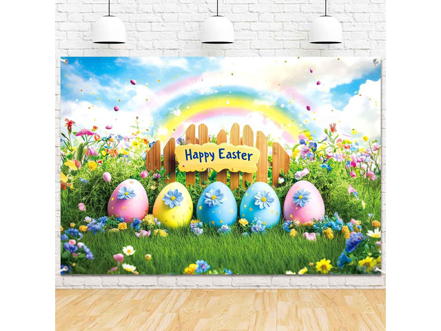 8x6ft Happy Easter Backdrop Banner Colorful Eggs Floral Grass Rainbow Photography Background for Kids Spring Easter Party Decorations Banner Photo...