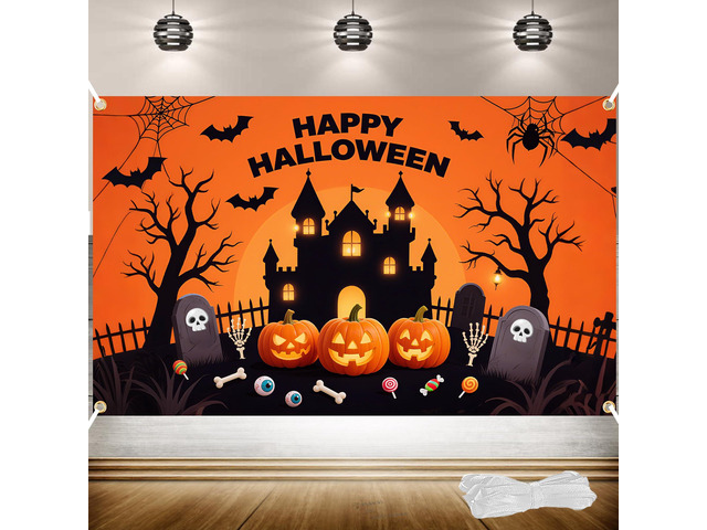 Happy Halloween Backdrop - 71 x 43 Inch Large Halloween Backdrop with 19.69ft Ribbon Pumpkin & Ghost Decorations for Wall, Party & Photo Booth