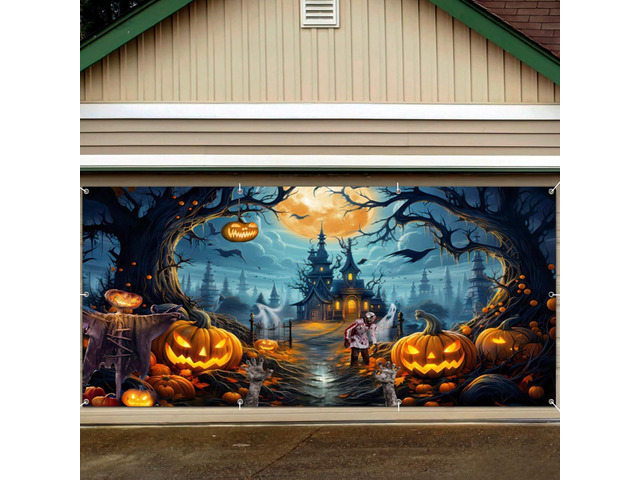Halloween Garage Door Banner - 18x7ft Fabric Scary Night Full Moon Halloween Decorations - Large Castle Pumpkins Banner Backdrop