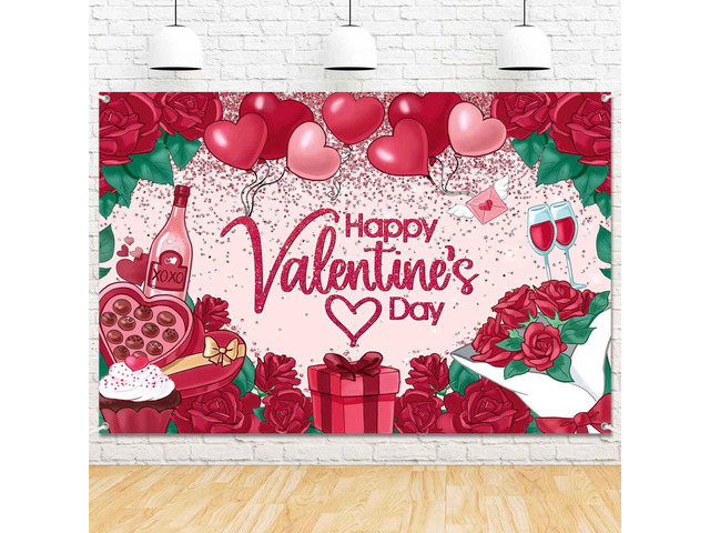 7x5ft Happy Valentines Day Backdrop Rose Flower Valentine's Day Photography Background Fabric Red Love Heart Roses Valentine Sign Party Decorations...