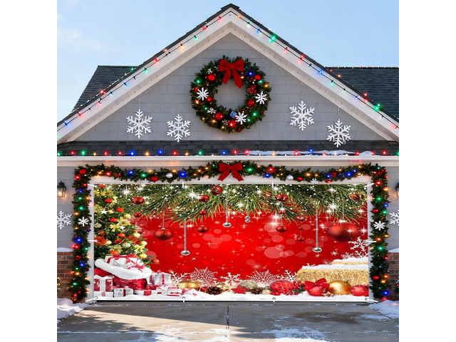 Christmas Garage Door Cover Decorations Christmas Backdrop 16x7ft Xmas Tree Garage Door Banner, Outdoor Red Photography Background, New Year...