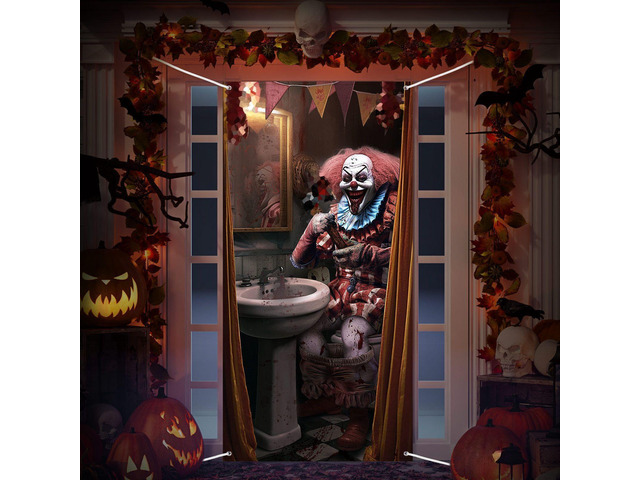 Halloween Clown Door Cover Circus Scary Decor 70.9 X 35.4 in Evil Creepy Bathroom Entrance Backdrop, Garage Wall Banner Theme Party Supplies,...