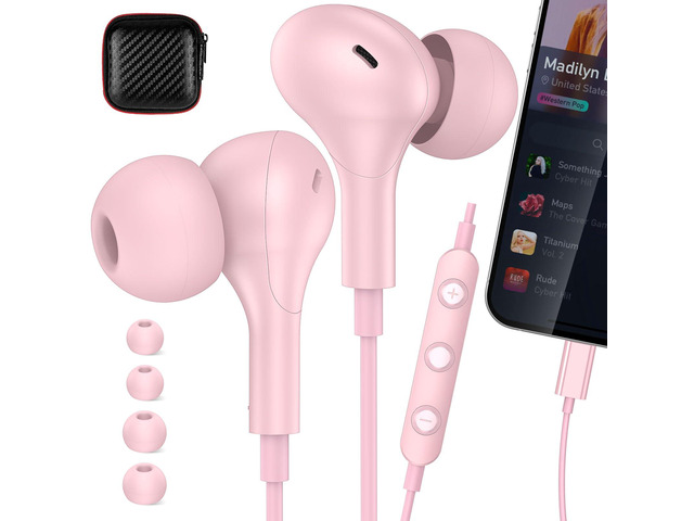 MFi-Certified Lighting Earbuds for iPhone 14 13 12 11 Pro Max Pink Magnetic Ear Buds Earphones Built-in Mic Volume Control Wired Headphones for...