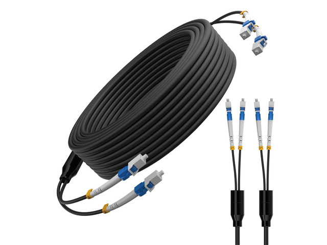 100FT / 30M Outdoor Armored 2 Fibers Breakout Fiber Optic Cable, 2 Strand LC to LC Simplex, OS1/OS2 9/125m Single Mode SMF 100Gb, Stainless Steel...