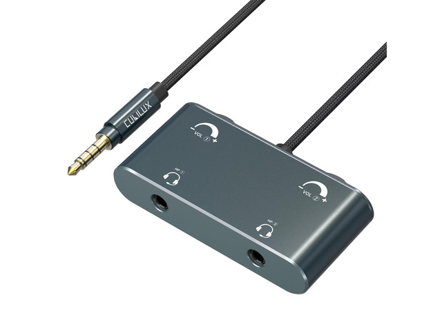 3.5mm Dual Headset Adapter with Volume Control, 1/8' to 2 TRRS Microphone Connector, Double Headphones Audio Splitter for 2 People Meeting,...