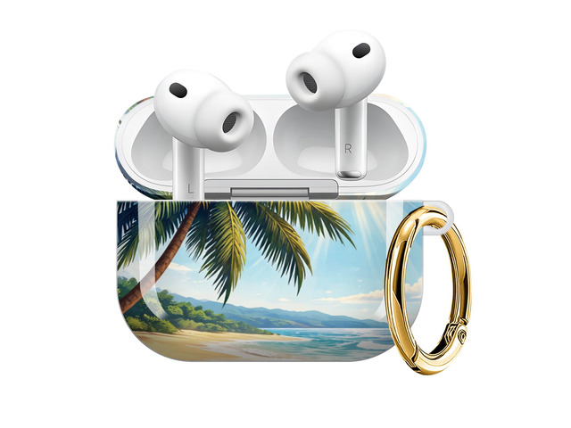 Compatible with AirPod Pro 3 Case (2025), Shockproof Dustproof Protective Cover with Cute Golden Keychain for Women & Girls - Tropical Beach Palm Tree