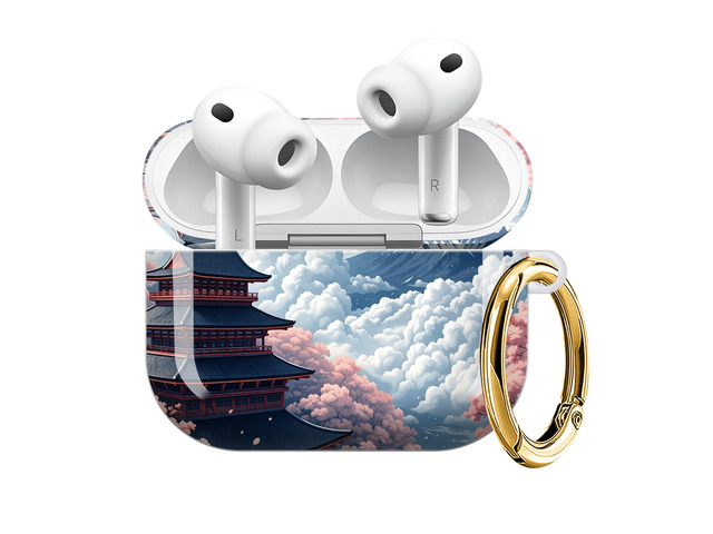 Compatible with AirPod Pro 3 Case (2025), Shockproof Dustproof Protective Cover with Cute Golden Keychain for Women & Girls - Cherry Blossom Mountain