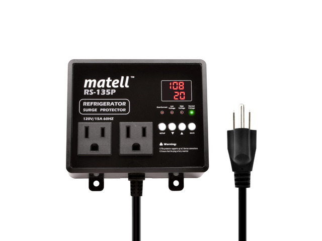 Refrigerator Surge Protector Dual Outlet Protects fridge from surge, brownout, over/under voltage. Auto shutoff, delay restart 1-120s. LED display