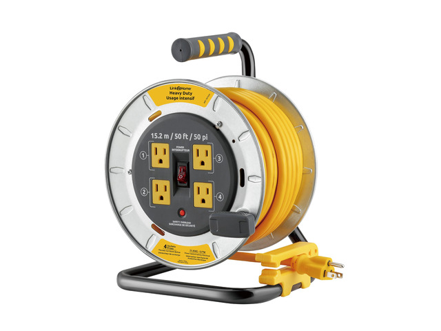 50 Ft. Professional Grade Metal Cord Reel, 4 Outlets 12/3 AWG 13A cable, overload protection, heavy-duty steel housing, job site ready