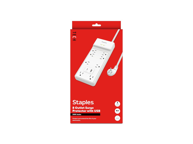 TECH 8-Outlet Surge Protector, 2 USB Ports, 6 Ft Cord, 2100J Flat offset plug for home and office electronics. White, braided cord