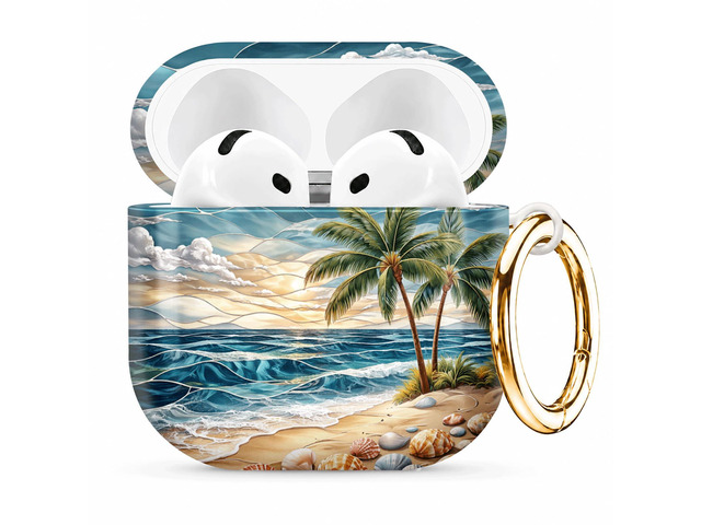 Compatible with AirPod 4th Generation (2024), Cute Protective Cover with Keychain, TPU Anti-Drop Earbuds Case for Women and Men(Tropical Beach Palm...