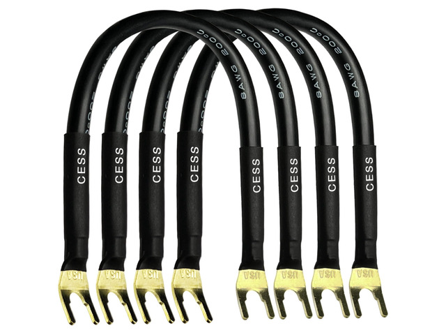 Large Fork Speaker Cable Jumpers, 8 Inches Fork Spade Plug To Spade Plug, 4 Pack, Premium, 8 Gauge