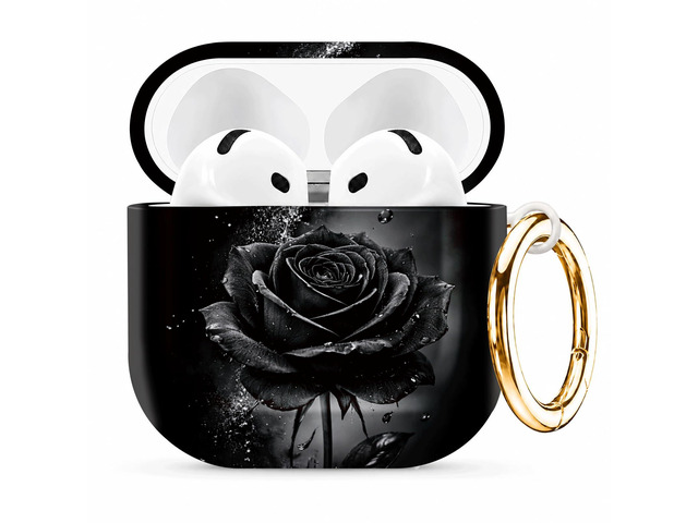 Compatible with AirPod 4th Generation (2024), Cute Protective Cover with Keychain, TPU Anti-Drop Earbuds Case for Women and Men(Black Rose with...