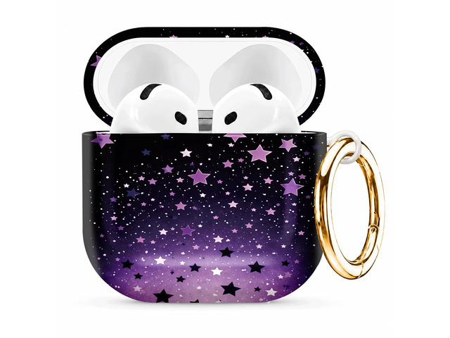 Compatible with AirPod 4th Generation (2024), Cute Protective Cover with Keychain, TPU Anti-Drop Earbuds Case for Women and Men(Purple Stars Night...
