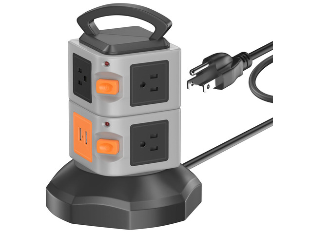 Tower Power Strip with 2 USB Ports, 7-Outlet Vertical Tower with 6.5FT Extension Cord, 2 Switches & Handle, Overload Protection, ETL Listed, 2500W...