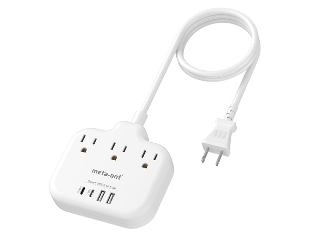 2 Prong to 3 Prong Outlet Adapter with 3 Outlets & 4 USB(2 USB-C), 5FT Extension Cord 2 Prong Outlet, Polarized, for Old House, White