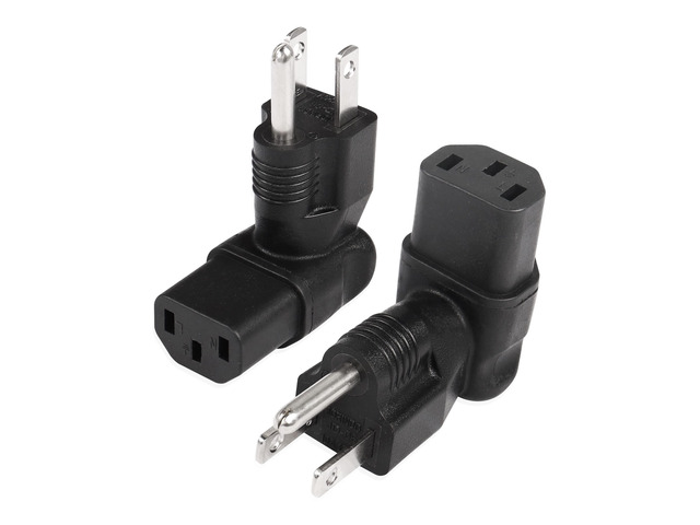 90 Degree NEMA 5-15P to IEC 320 C13 Female 10A/125V Computer Power Extension Adapter, 3 Prong USA C13 to NEMA 5-15R Plug Power Adapter - 2 Pack