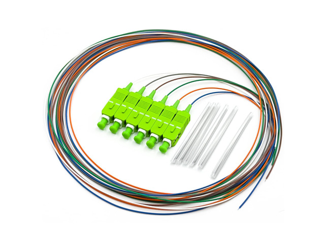 1.5 Meter 6 Strand Single Mode SC APC Fiber Pigtail, 9/125um, OS1/OS2 Compatible, Includes 6 Fiber Optic Fusion Splice Protective Shrink Sleeves