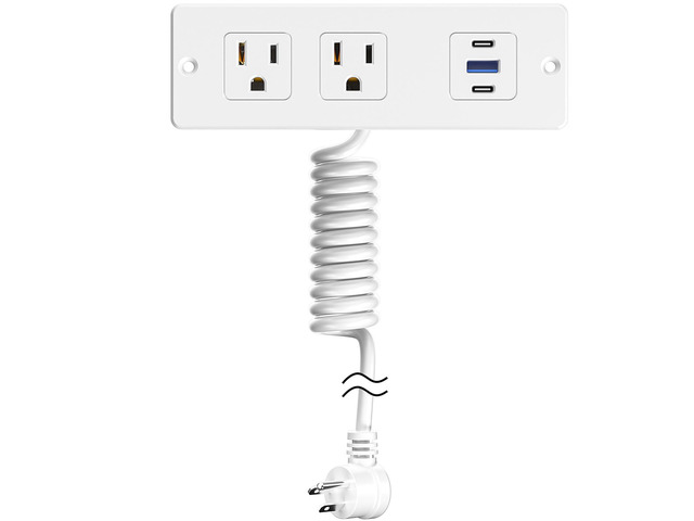 Recessed Furniture Drawer Outlet with 3 Fast-Charging USB Ports & 2 AC Outlets 5 FT Spring Cord- White
