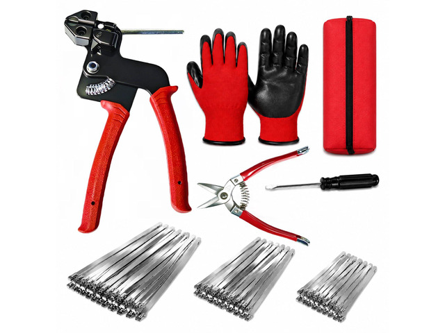 155 Piece Cable Tie Gun Kit with 150 Stainless Steel Zip Ties 150 Locking Bands in 3 Sizes, Built-in Cutter, Safety Gloves, Storage Bag, Perfect...