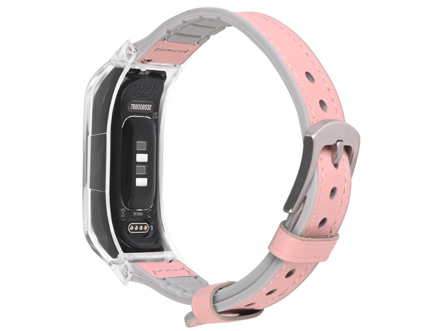 Leather & Silicone Mixed Strap Compatible with vivosmart 5 Replacement Watch band with New Transparent Case M/L