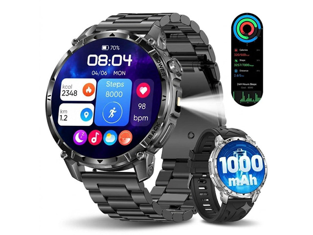Military Smart Watch with Flashlight/100 Days Battery Life (2 Bands) 100+ Sports Modes/1.7' Display/Heart Rate/Blood Oxygen/Sleep Monitor/IP68...