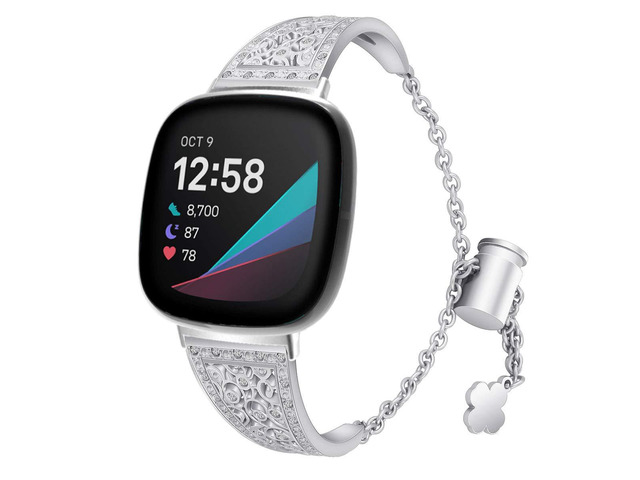 Compatible with Fitbit Versa 4/Versa 3/ Sense 2/Sense Band for Women, Replacement Bling Metal Strap Stainless Steel Metal Jewelry Bangle Wrist...