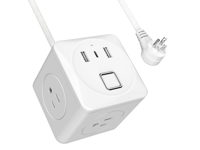 Cube Power Strip with 2 USB & 1 USB-C, 3-Outlet Compact Travel Power Strip with 6 Ft Braided Cord & Individual Switches, 1250W Desk Power Cube for...