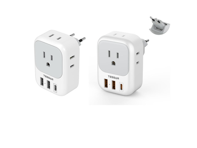 European Travel Plug Adapter with 4 AC 3 USB (1 USB C PD 20W), Foldable Plug Type C, for US to Most of EU (Spain, France, Italy, Germany, Portugal,...