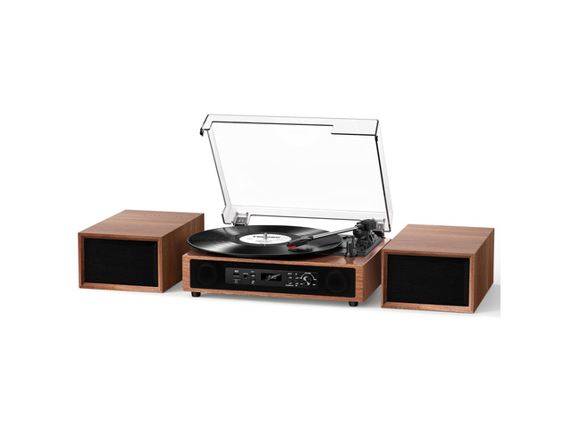 Vinyl Record Player with 6 Speakers, 4 Built-in & 2 External, HiFi Sound Bluetooth 3-speed belt-drive turntable with 6 speakers, USB/SD recording,...
