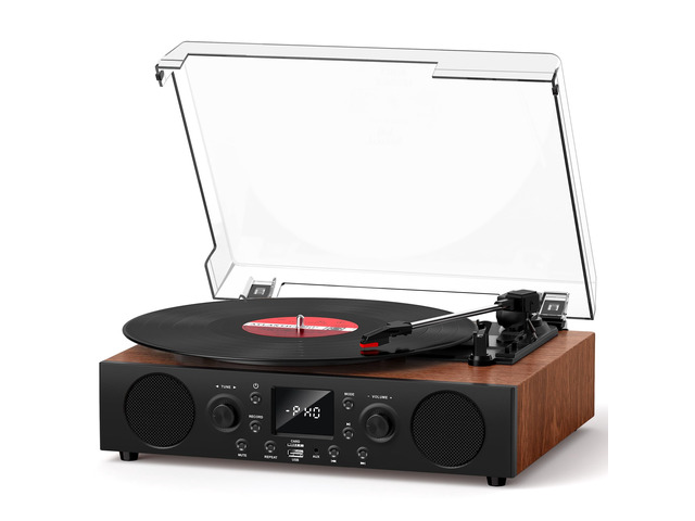 Vinyl Record Player with Built-in Speaker,Bluetooth Turntable with USB Recording, 3 Speed Vintage Record Player with Bluetooth Receiving, FM Radio,...