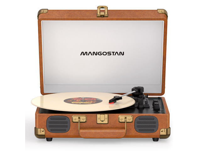 Brown Bluetooth Suitcase Record Player, 3-Speed Turntable Classic brown suitcase design with Bluetooth, 3-speed vinyl playback, stereo speakers,...
