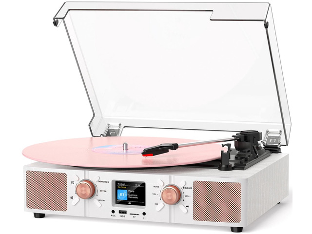 Spin Record Player with Built-in Speakers, Bluetooth Input & 3-Speed Vinyl Playback Turntable with Color LCD Display, USB/TF Playback, RCA, AUX,...