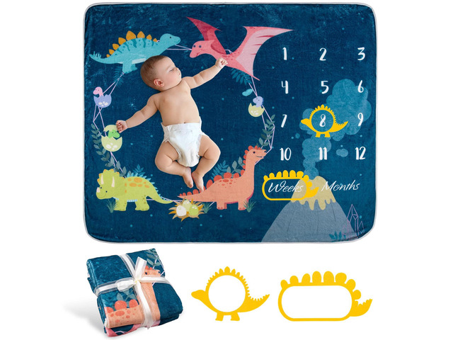 Baby Monthly Milestone Blanket Dinosaur Theme Newborn Growth Photography Photo Prop Blanket Flannel Nap Mat Backdrop with 2 Frames for Girl Boy...